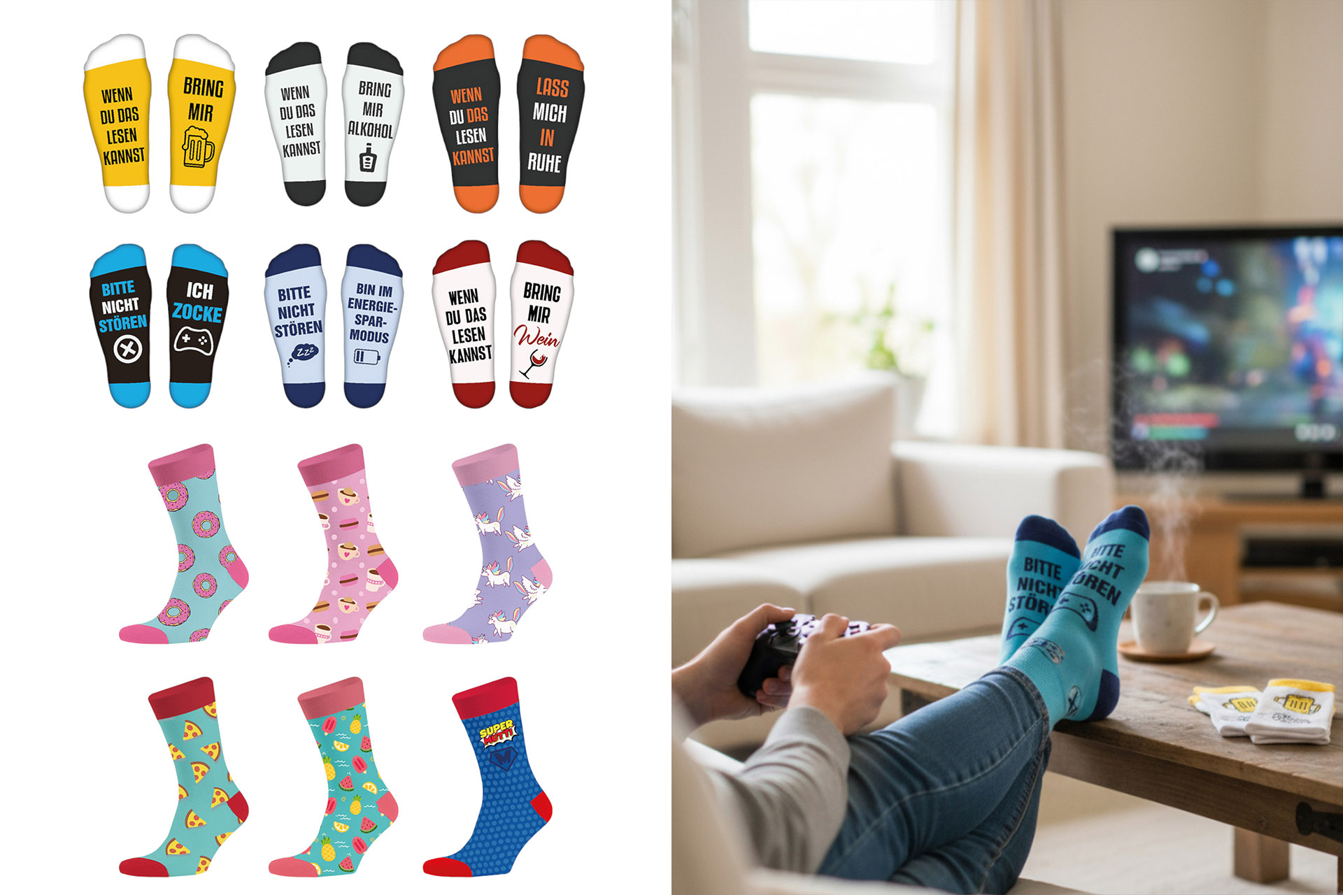 Socken mit Sprüchen, 12 Designs sortiert Gr 36-41, Gr. 42-45 sortiert