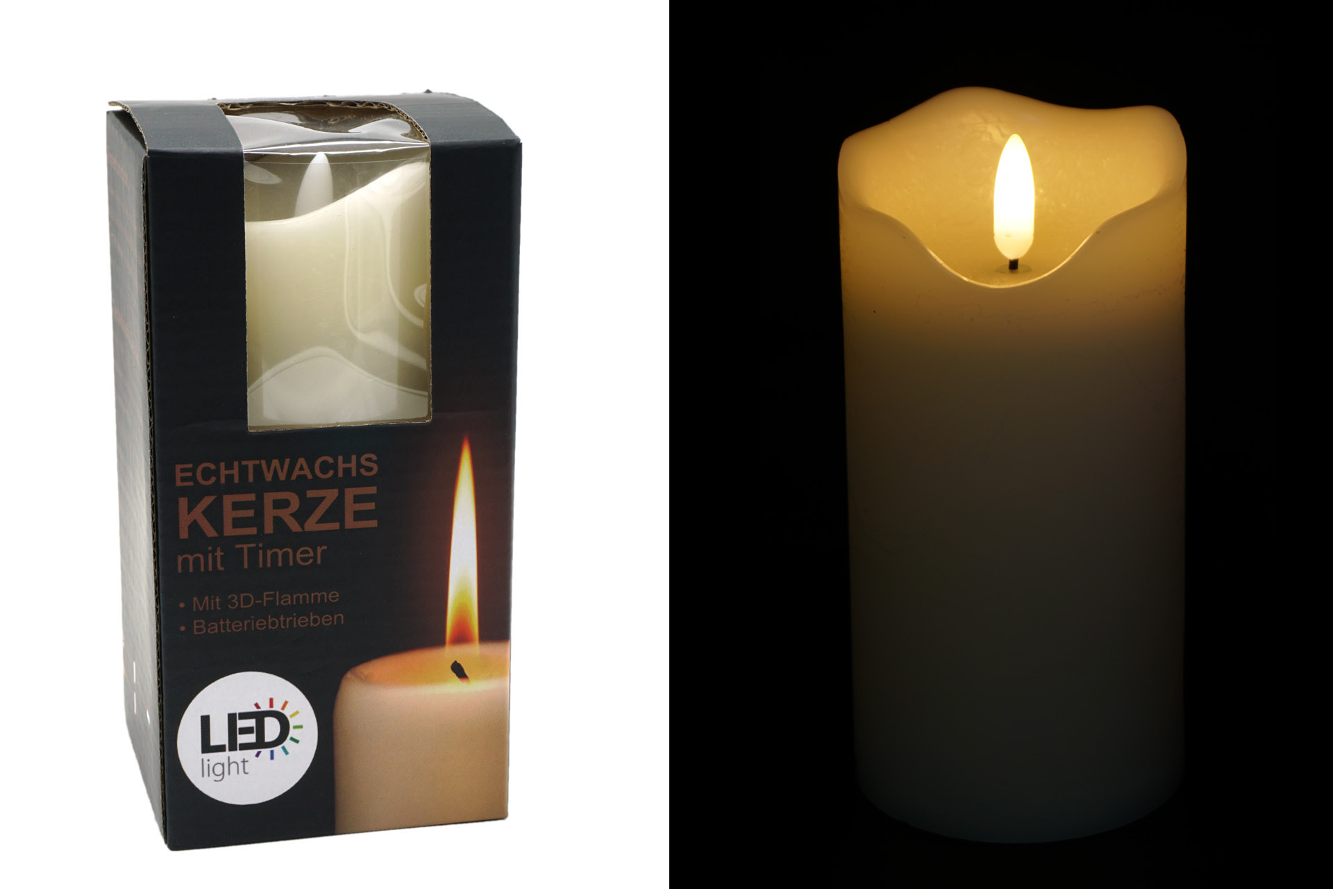 LED Echtwachskerze "3D Flamme" 7,5x15cm mit Timer, weiß