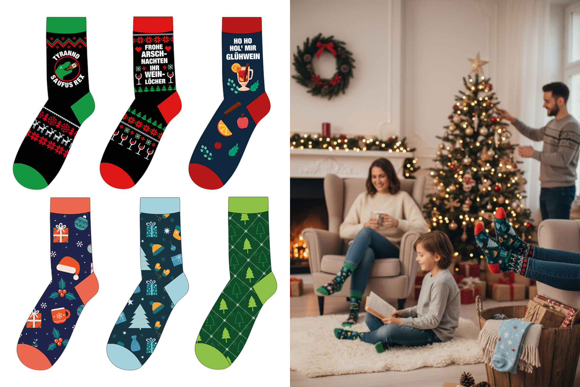 Socken mit Sprüchen Weihnachten, 6 Designs sortiert Gr 36-41, Gr. 42-45 sortiert