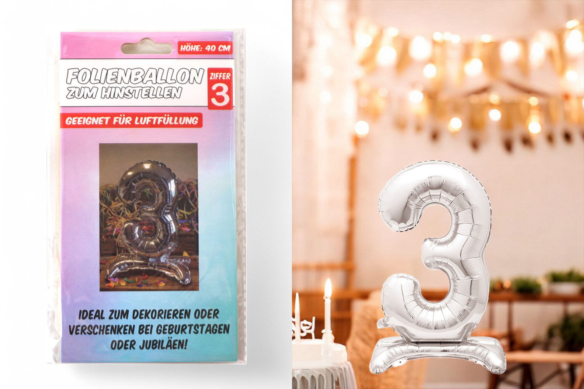 Folienballon zum Hinstellen "3", 40cm, in silber