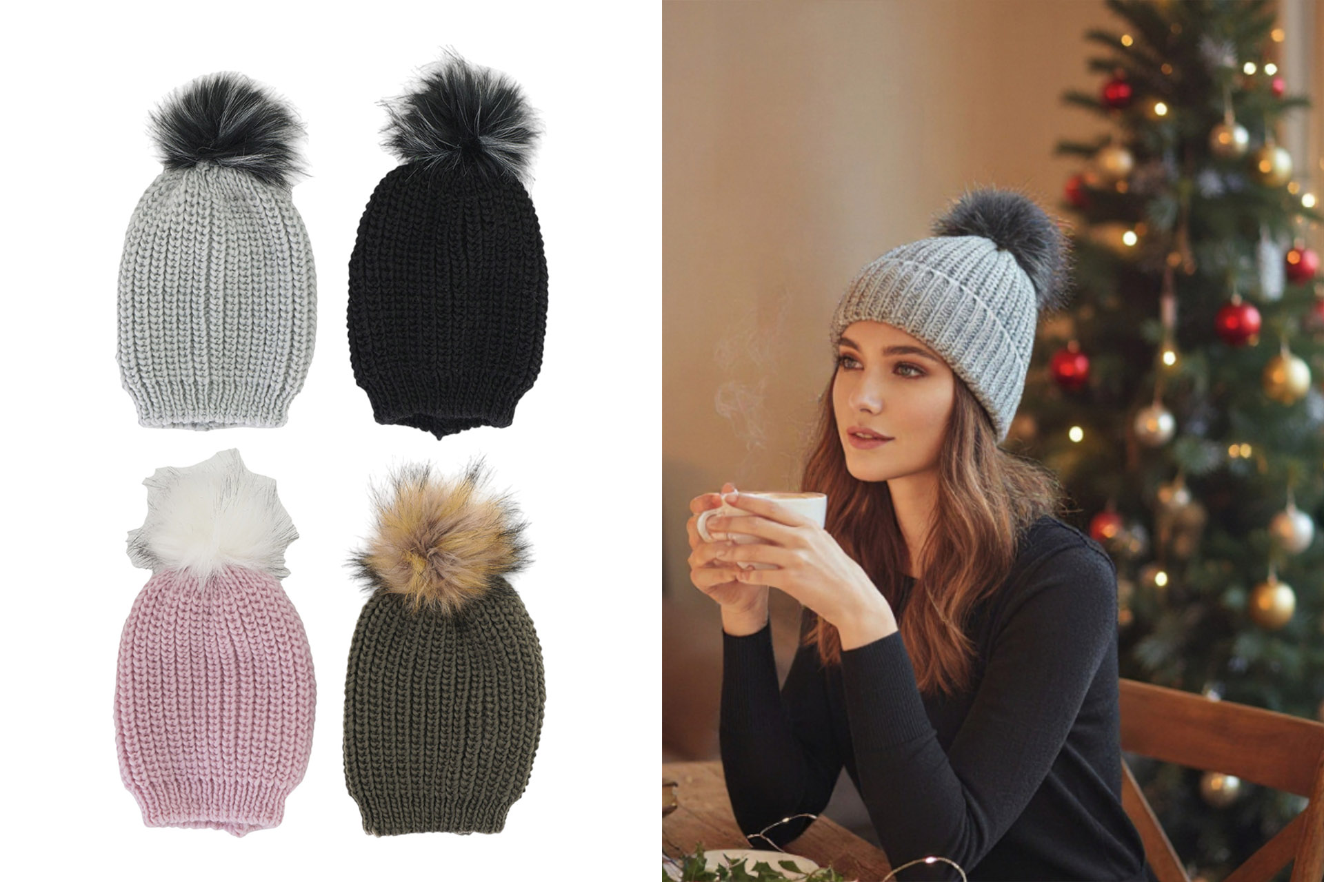 Textilien "Strick Mütze mit Fell Bommel", 22x19cm