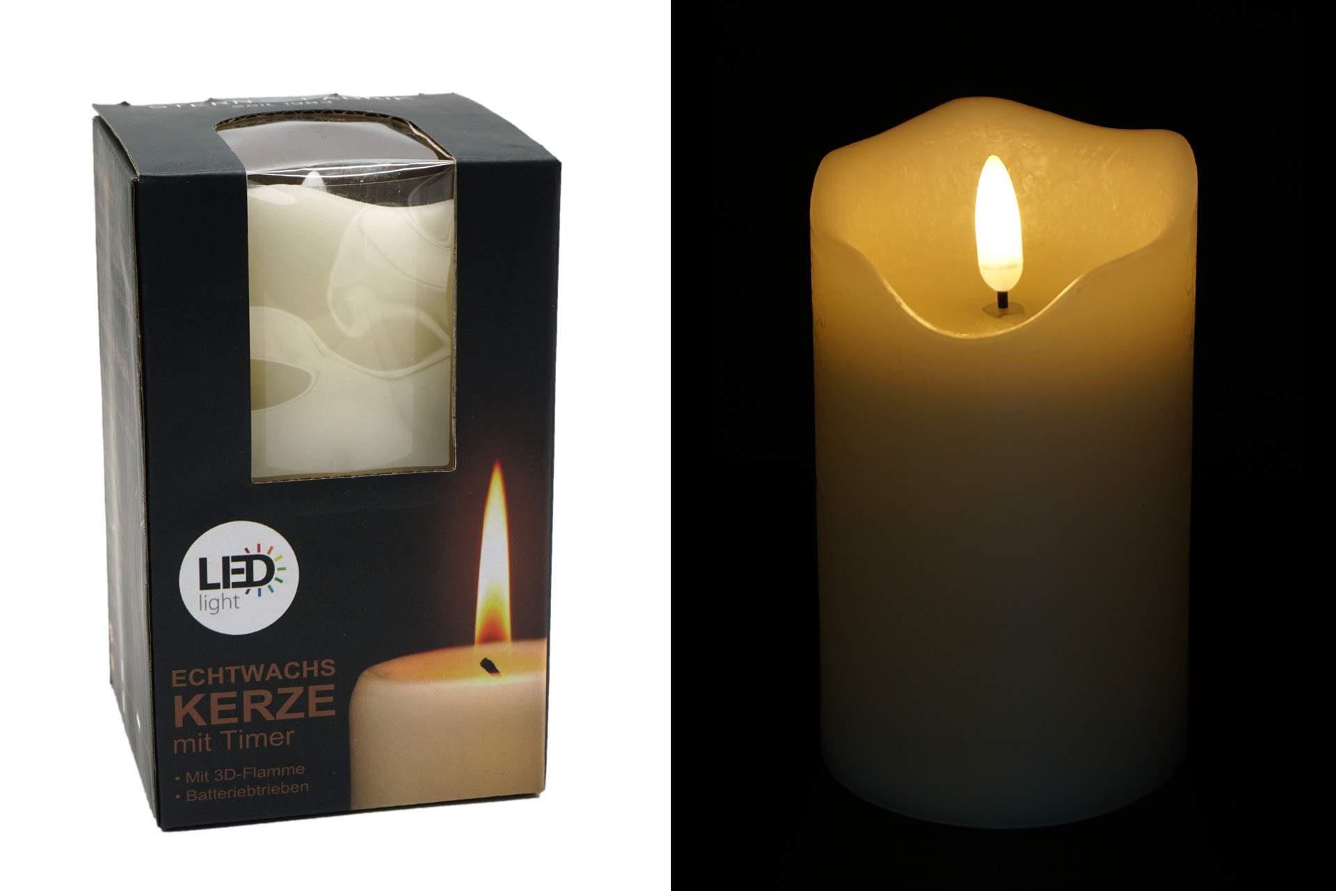 LED Echtwachskerze "3D Flamme" 7,5x10cm mit Timer, weiß