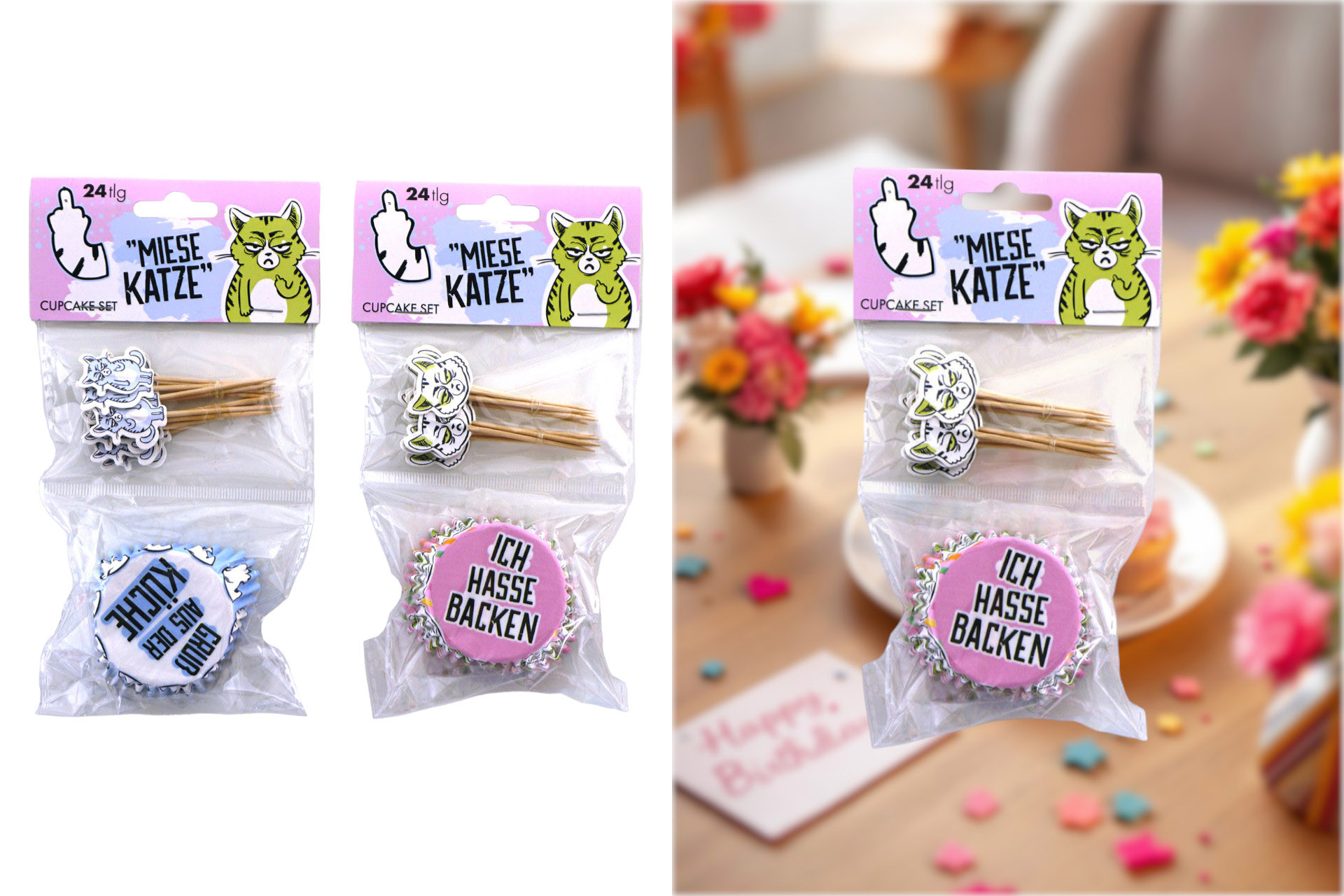 Cupcake Set "Miesekatze" 24tlg, Förmchen und Schilder, 2 Designs